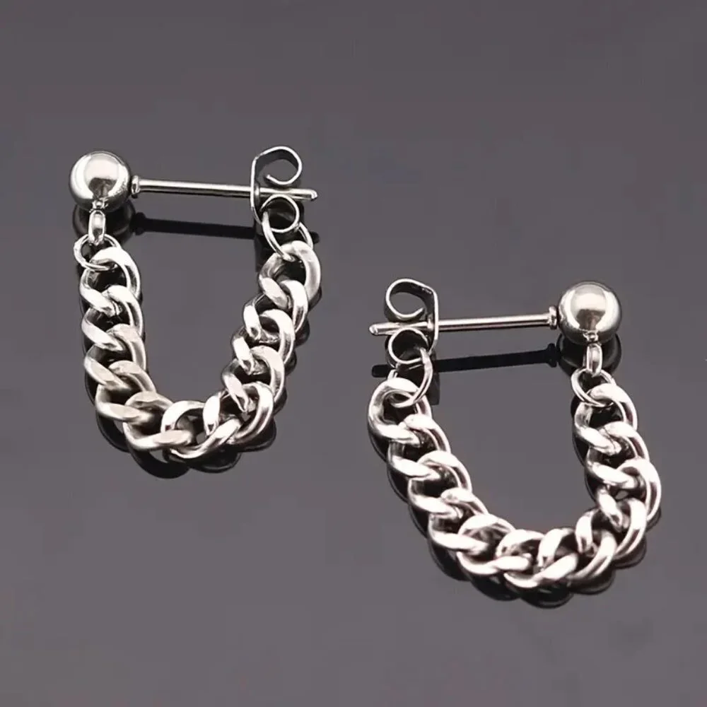 NEW 2 pairs - Punk Style Silver & Black Chain Dangle Earrings Stud Front